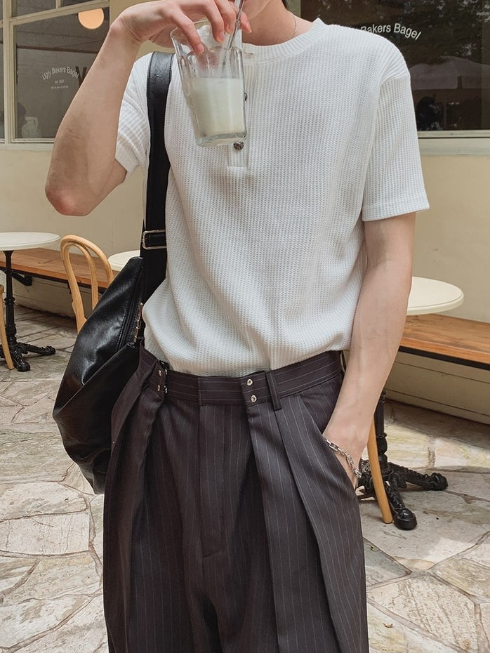 【Metanoia】🇰🇷韓製 華夫格銀扣亨利領短袖上衣 - 5