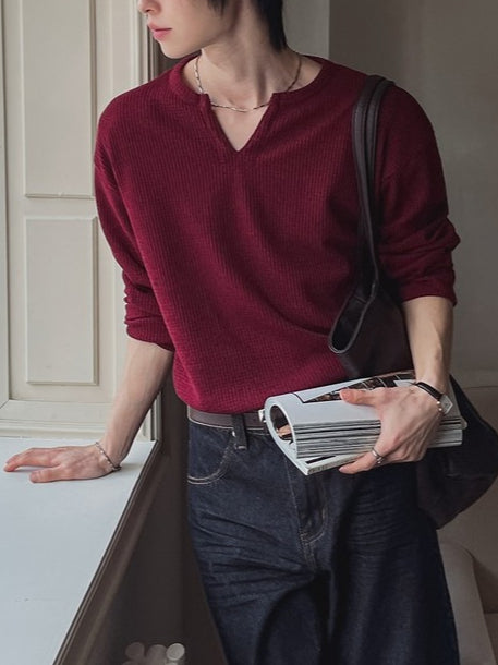 【Metanoia】🇰🇷韓製 V領開衩華夫格長袖針織上衣 - 1