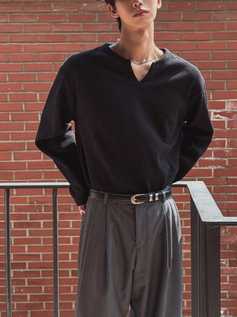 【Metanoia】🇰🇷韓製 V領開衩華夫格長袖針織上衣 - 1