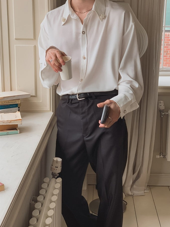 【Metanoia】🇰🇷韓製 緞面質感胸針裝飾寬鬆襯衫 - 3