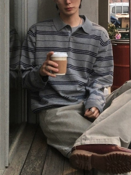 【Metanoia】韓國設計 純棉條紋翻領針織上衣 - 1