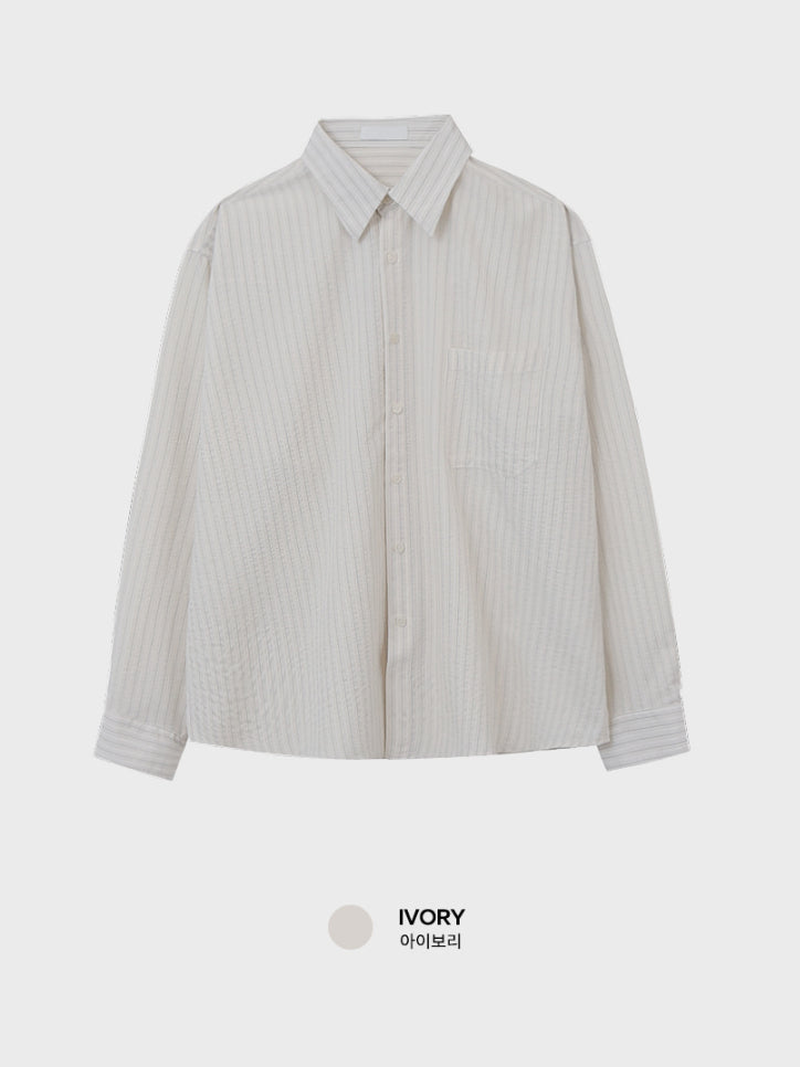【Metanoia】韓國設計 泡泡紗條紋純棉寬鬆長袖襯衫 - 12