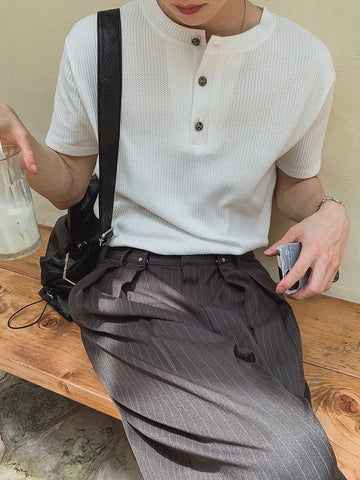 【Metanoia】🇰🇷韓製 華夫格銀扣亨利領短袖上衣 - 1