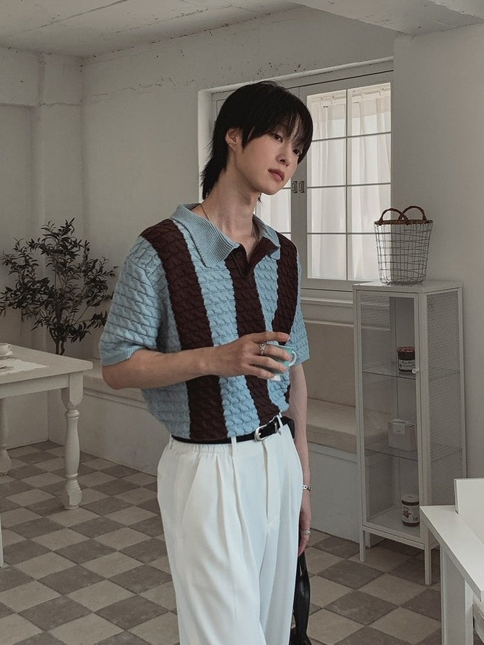 【Metanoia】🇰🇷韓製 撞色條紋麻花編織Polo針織衫 - 1