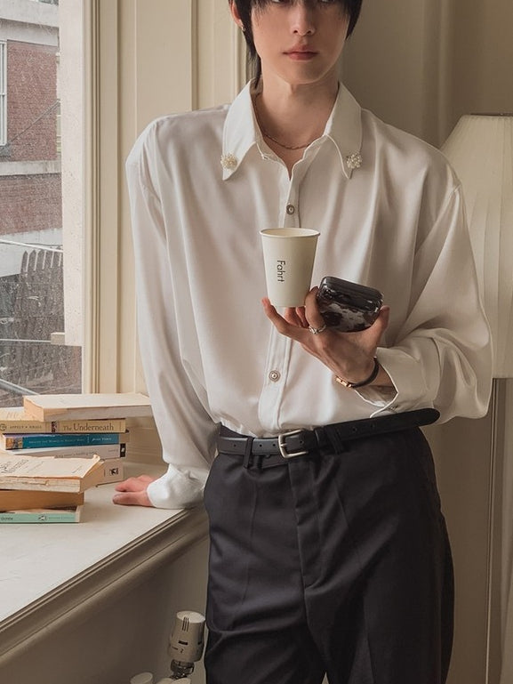 【Metanoia】🇰🇷韓製 緞面質感胸針裝飾寬鬆襯衫 - 6