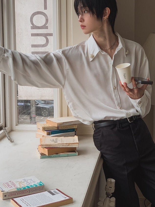 【Metanoia】🇰🇷韓製 緞面質感胸針裝飾寬鬆襯衫 - 7