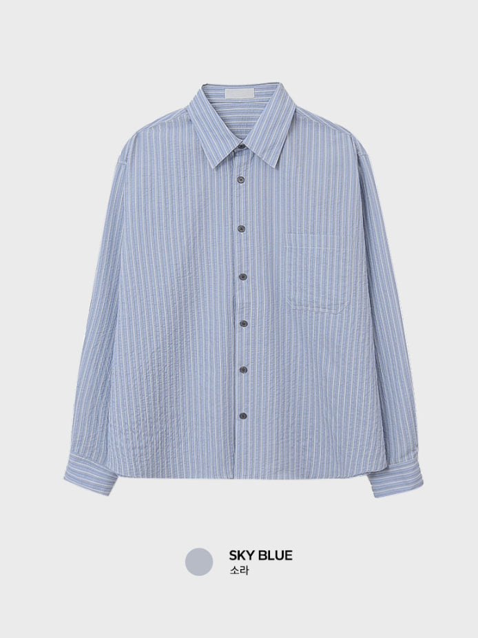 【Metanoia】韓國設計 泡泡紗條紋純棉寬鬆長袖襯衫 - 11