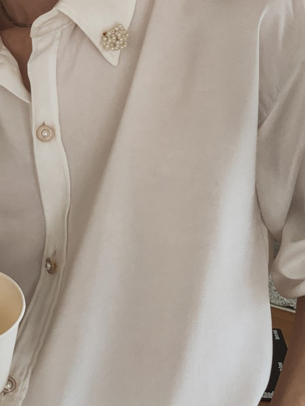 【Metanoia】🇰🇷韓製 緞面質感胸針裝飾寬鬆襯衫 - 9