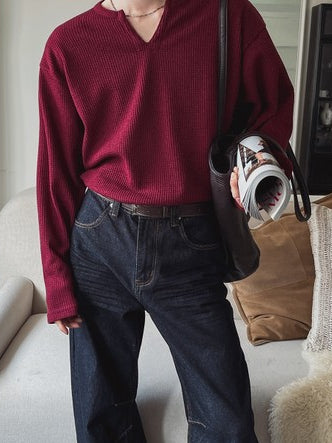 【Metanoia】🇰🇷韓製 V領開衩華夫格長袖針織上衣 - 3