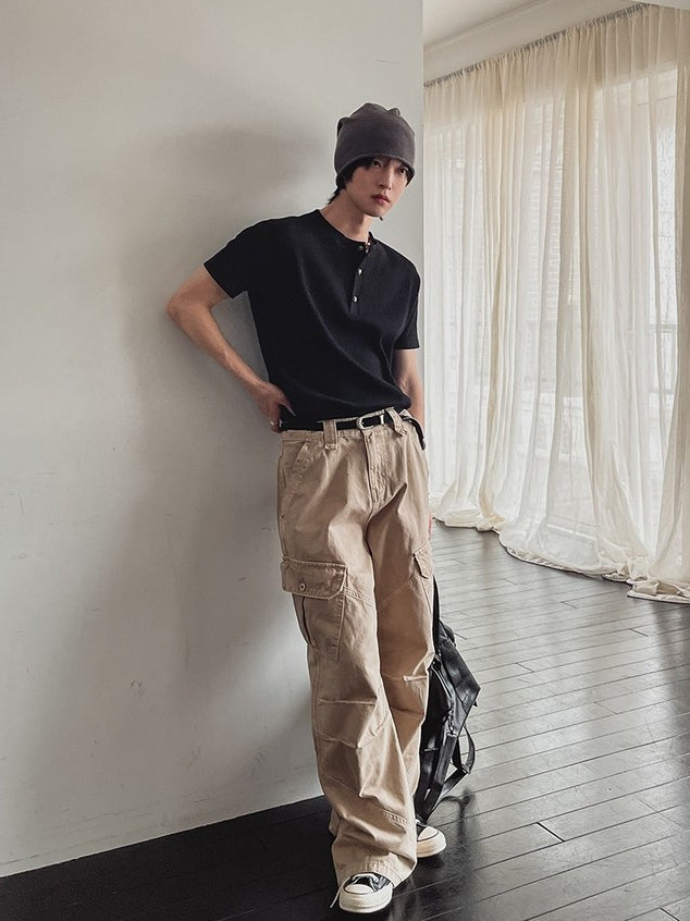 【Metanoia】🇰🇷韓製 華夫格銀扣亨利領短袖上衣 - 6