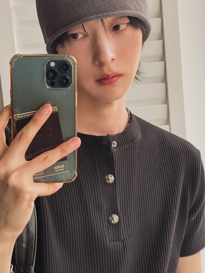 【Metanoia】🇰🇷韓製 華夫格銀扣亨利領短袖上衣 - 7