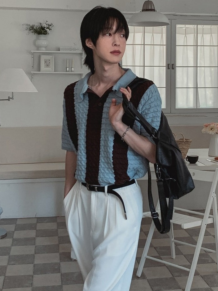 【Metanoia】🇰🇷韓製 撞色條紋麻花編織Polo針織衫 - 4