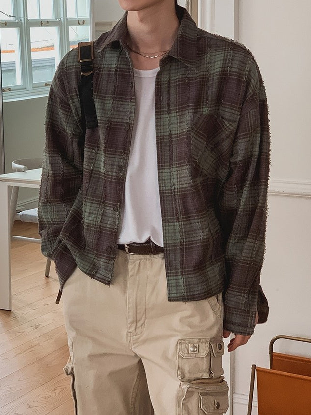 【Metanoia】🇰🇷韓製 水洗做舊格紋短版襯衫 - 1