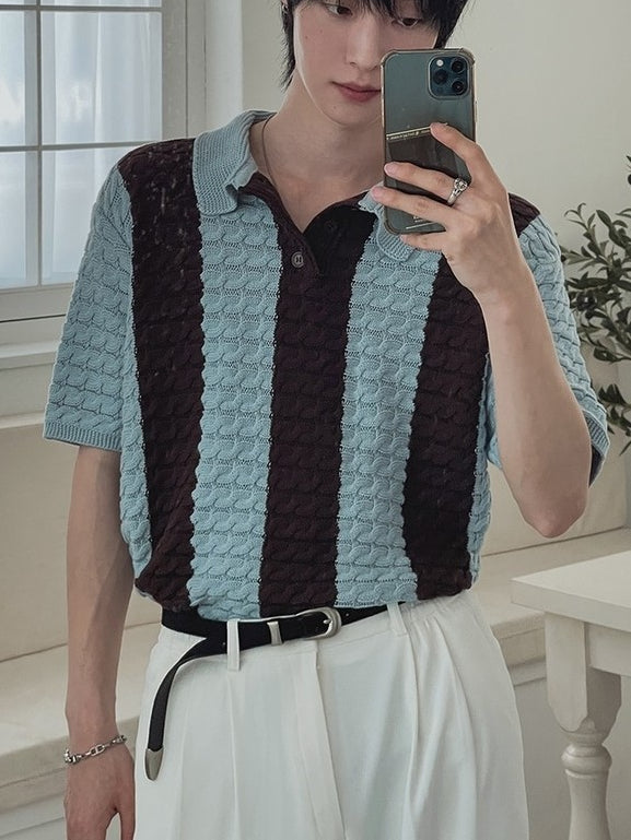 【Metanoia】🇰🇷韓製 撞色條紋麻花編織Polo針織衫 - 5