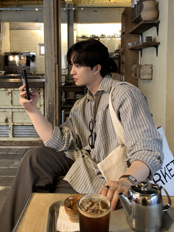 【Metanoia】韓國設計 泡泡紗條紋純棉寬鬆長袖襯衫 - 1