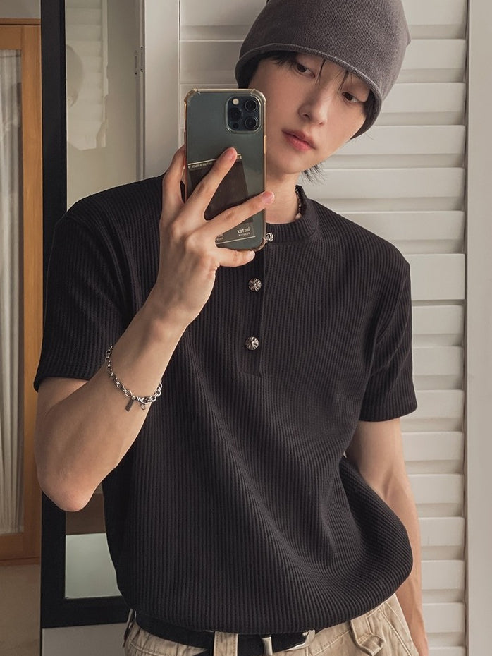 【Metanoia】🇰🇷韓製 華夫格銀扣亨利領短袖上衣 - 4