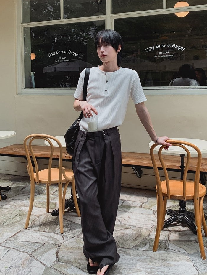 【Metanoia】🇰🇷韓製 華夫格銀扣亨利領短袖上衣 - 10