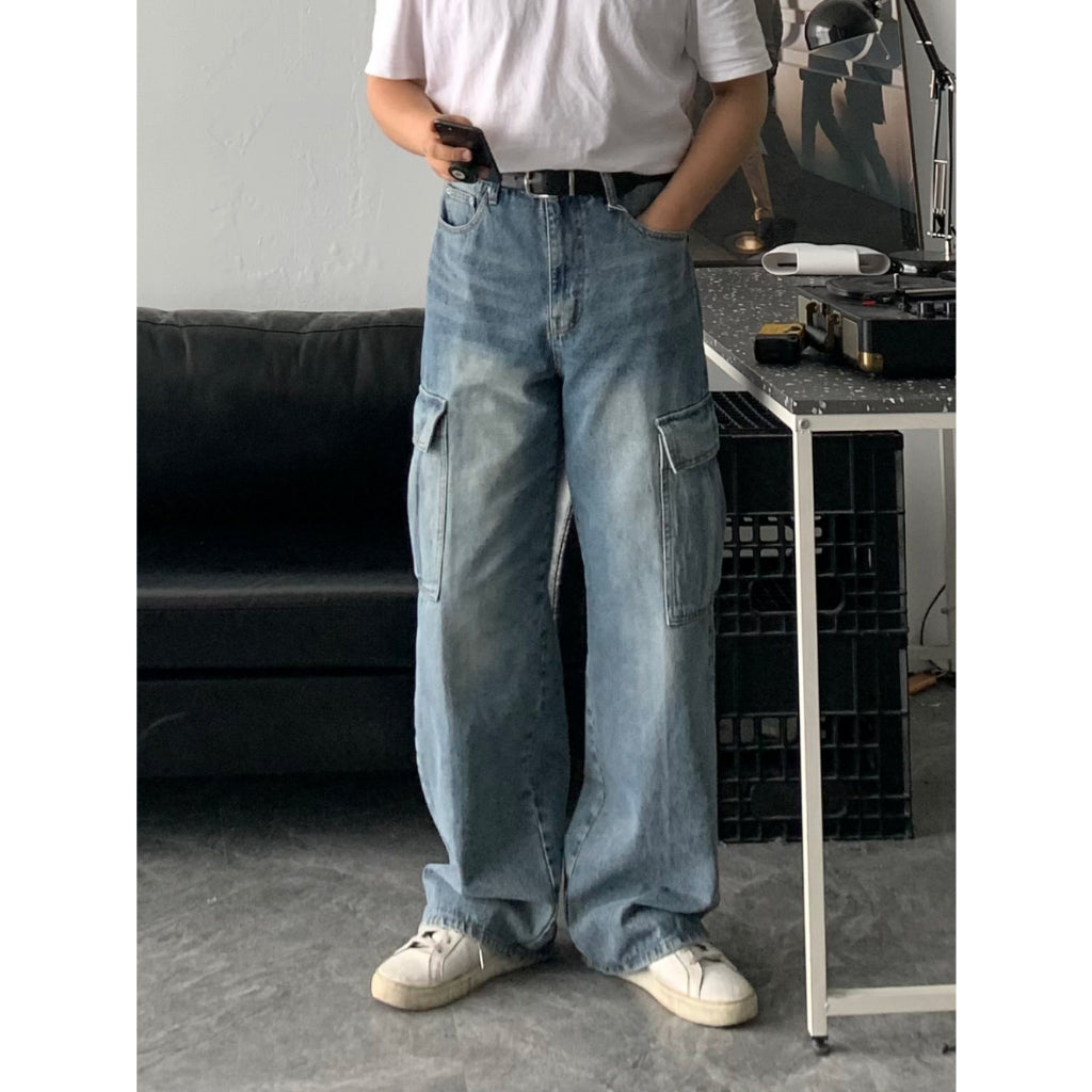 【Metanoia】韓國設計 水洗工裝落地牛仔褲