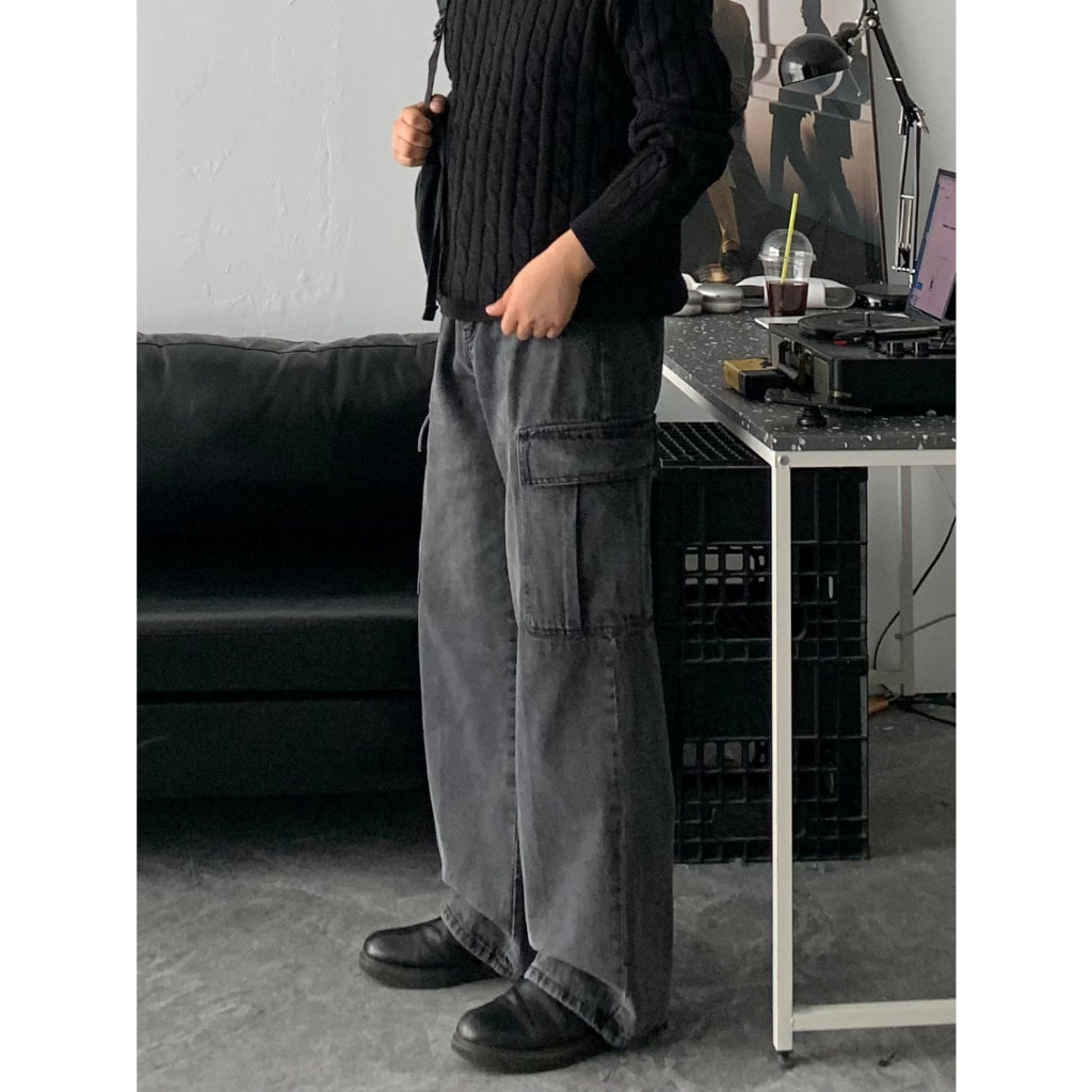 【Metanoia】韓國設計 水洗工裝落地牛仔褲