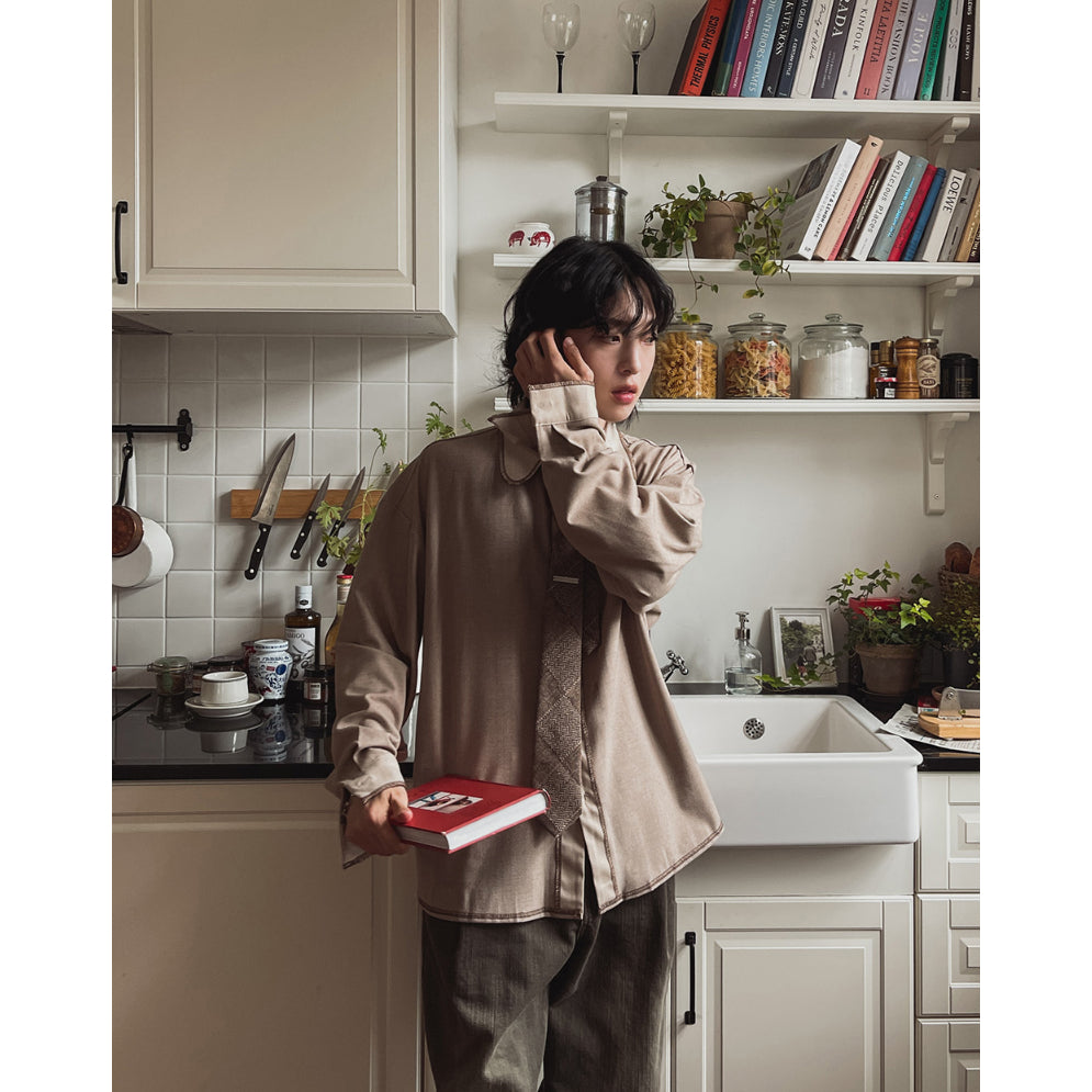 【Metanoia】🇰🇷韓製 魚骨紋縫合拼色襯衫